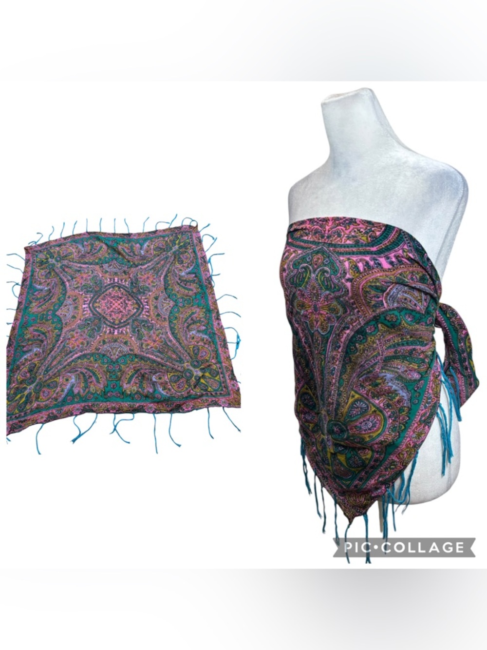 Vintage Multicolor Tassel End Square Scarf Blue, Green and Pink